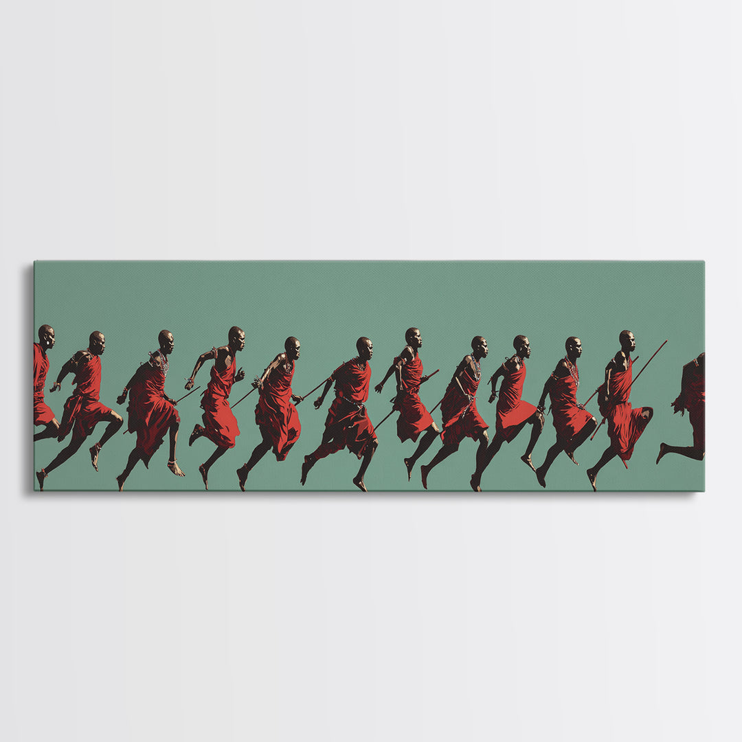 Dynamic Maasai Warriors Running Wall Art, African Warrior Art, Tribal Culture Canvas, Panoramic Safari Home Decor Art Gift