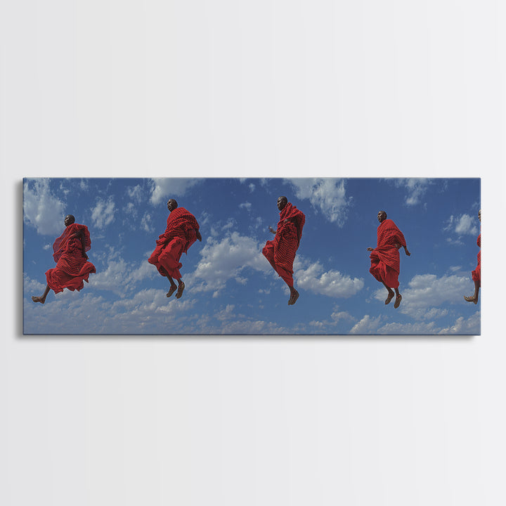 Airborne Maasai Dancers Under Clouds Canvas Print, African Wall Art, Red Tribal Safari Decor, Cultural Statement Gift For Home