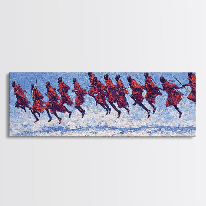 Blue Textured Maasai Warriors Running Wall Art, Abstract African Art, Tribal Safari Decor, Vibrant Panoramic Canvas Print