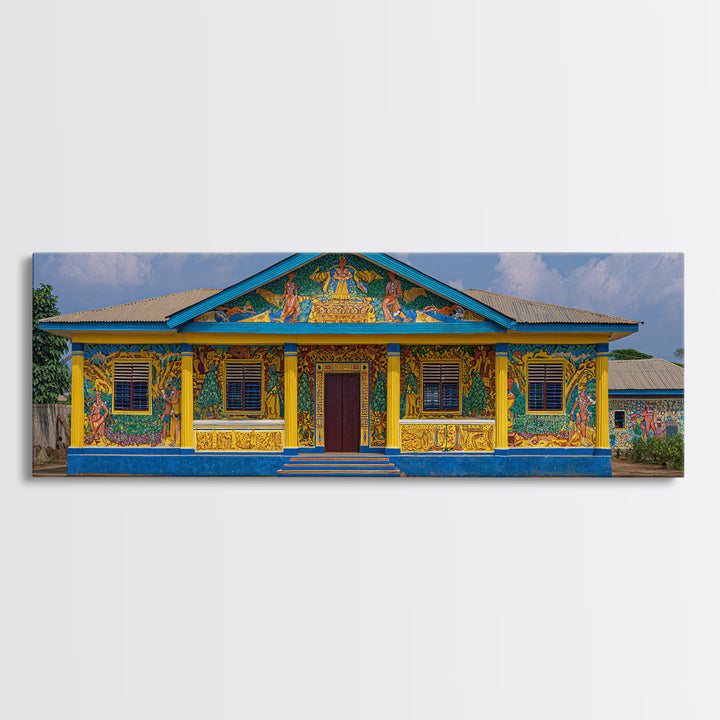 Painted African House Canvas Print, Bright Blue Yellow Facade, Folk Architecture Photography, Cultural Wall Decor Gift Print