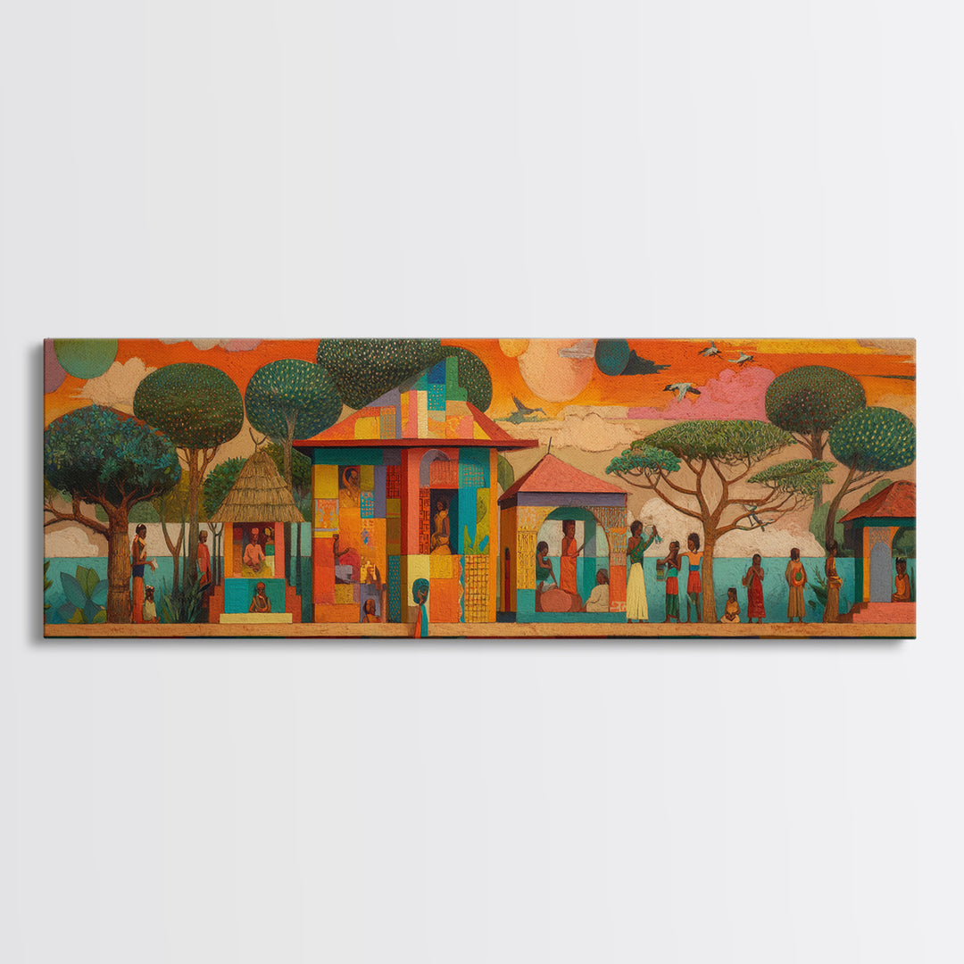 Modern African Village Framed Canvas Print, Sunset Trees And Colorful Homes, Afrocentric Landscape Decor, Cultural Wall Art