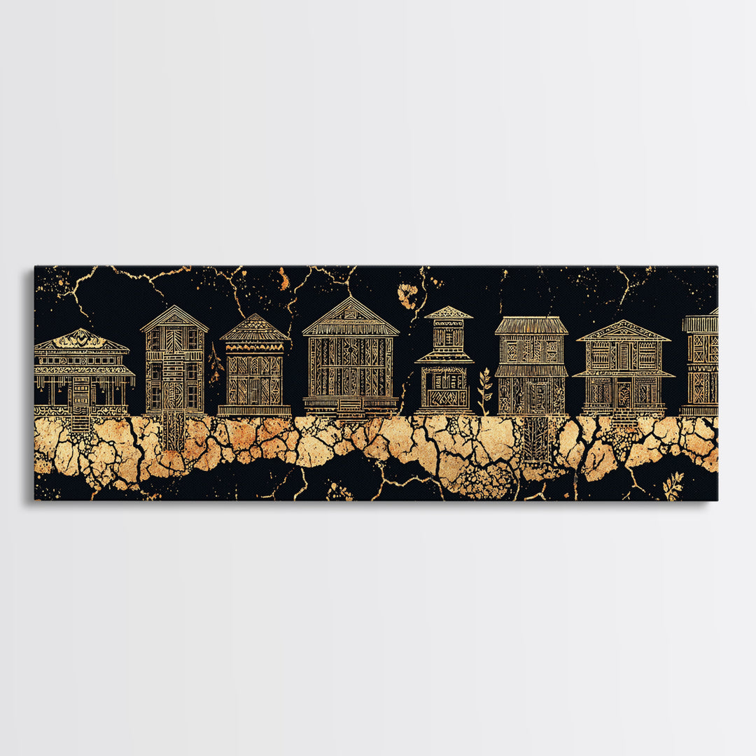 Gold African Village Wall Art, Black Crackle Line Houses, Tribal Architecture Print, Luxury Afrocentric Statement Decor Gift
