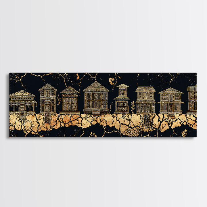 Gold African Village Wall Art, Black Crackle Line Houses, Tribal Architecture Print, Luxury Afrocentric Statement Decor Gift