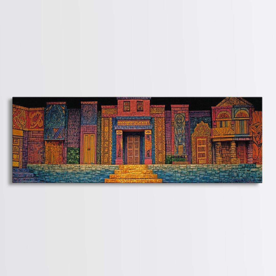 Colorful African Village Night Street Wall Art, Folk Architecture Canvas Print, Afrocentric Home Decor, Vibrant Townscape