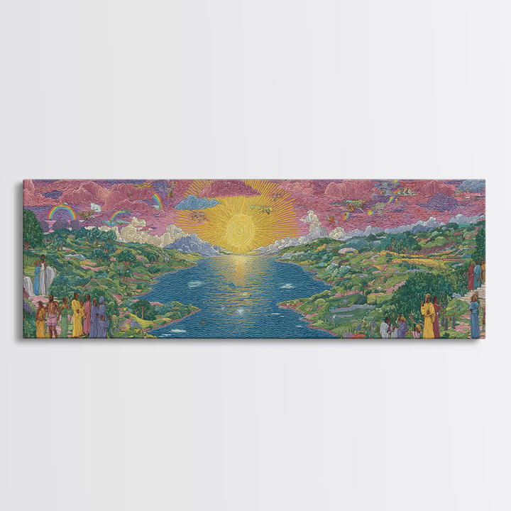 Sunrise River Valley With Rainbow Processions Wall Art, African Landscape Canvas Print, Spiritual Nature Decor, Dreamy Wall Art