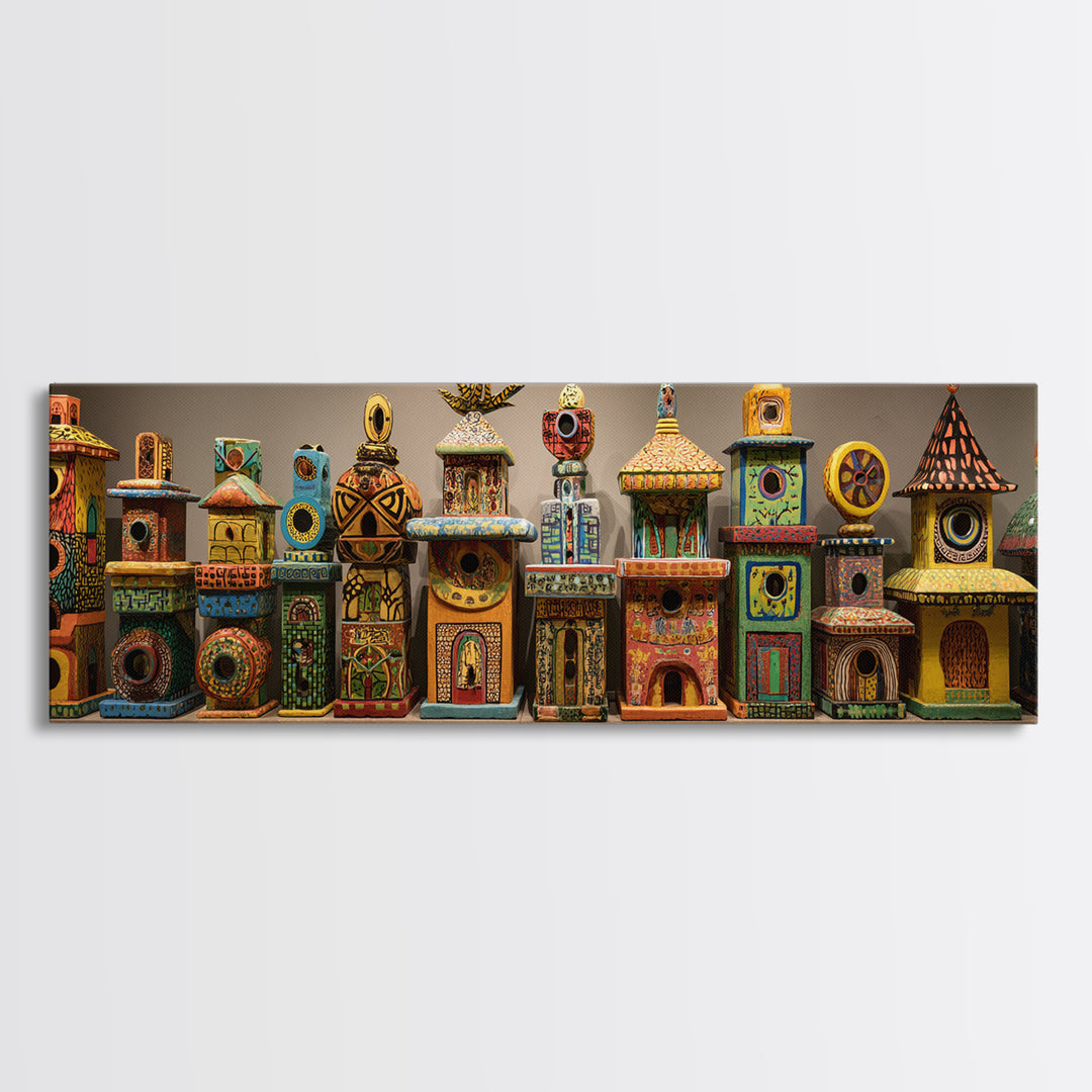 Whimsical Colorful Birdhouse Village Wall Art, African Inspired Canvas Print, Boho Home Decor, Playful Folk Architecture