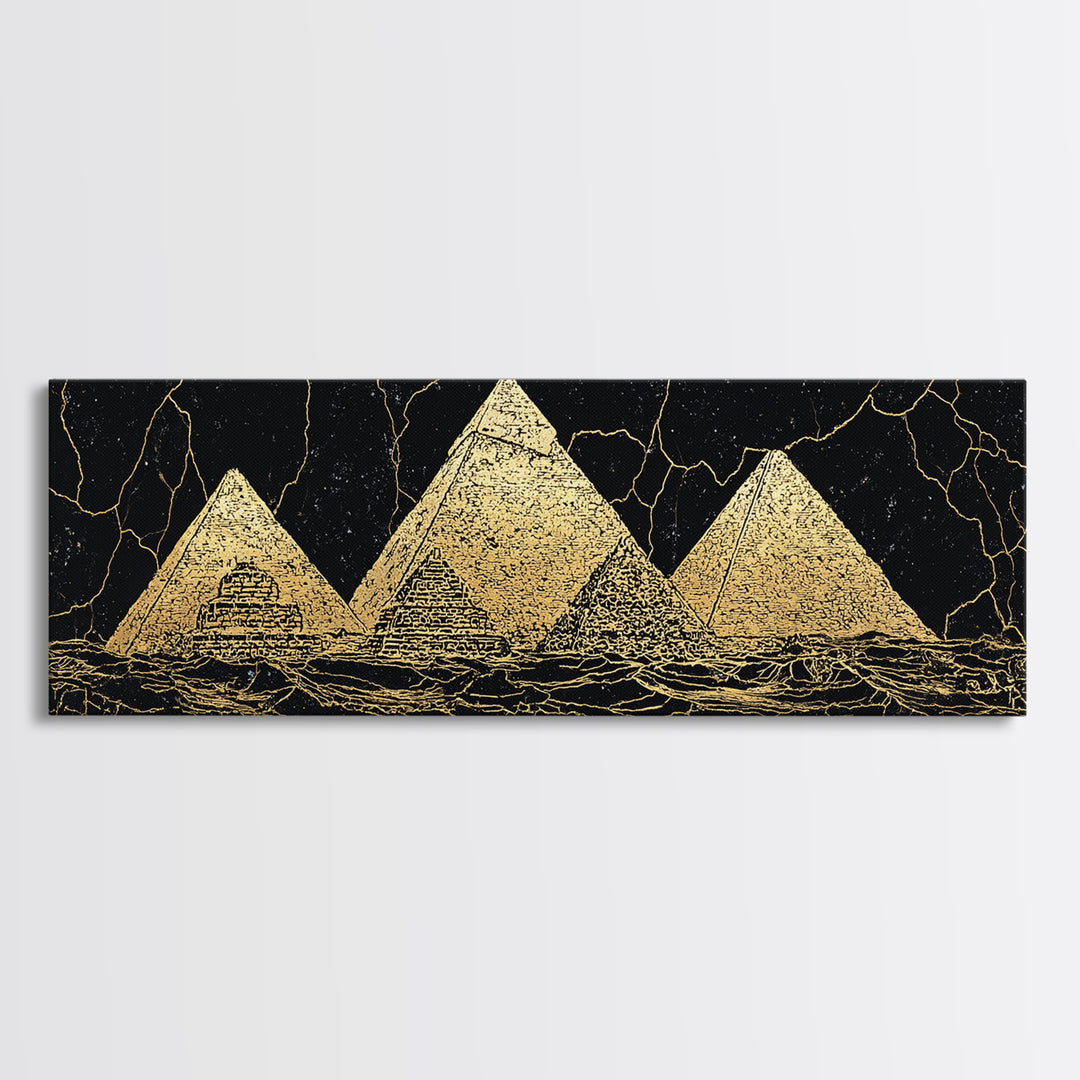 Gold Egyptian Pyramids On Black Wall Art, African Egyptian Art Canvas Print, Ancient Africa Decor, Luxury Abstract Poster