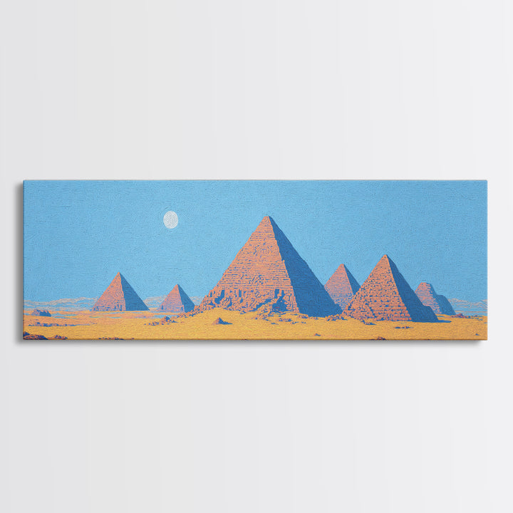 Blue Sky Egyptian Pyramids Moon Wall Art, African Landscape Canvas Print, Desert Travel Poster, Minimalist Cultural Decor
