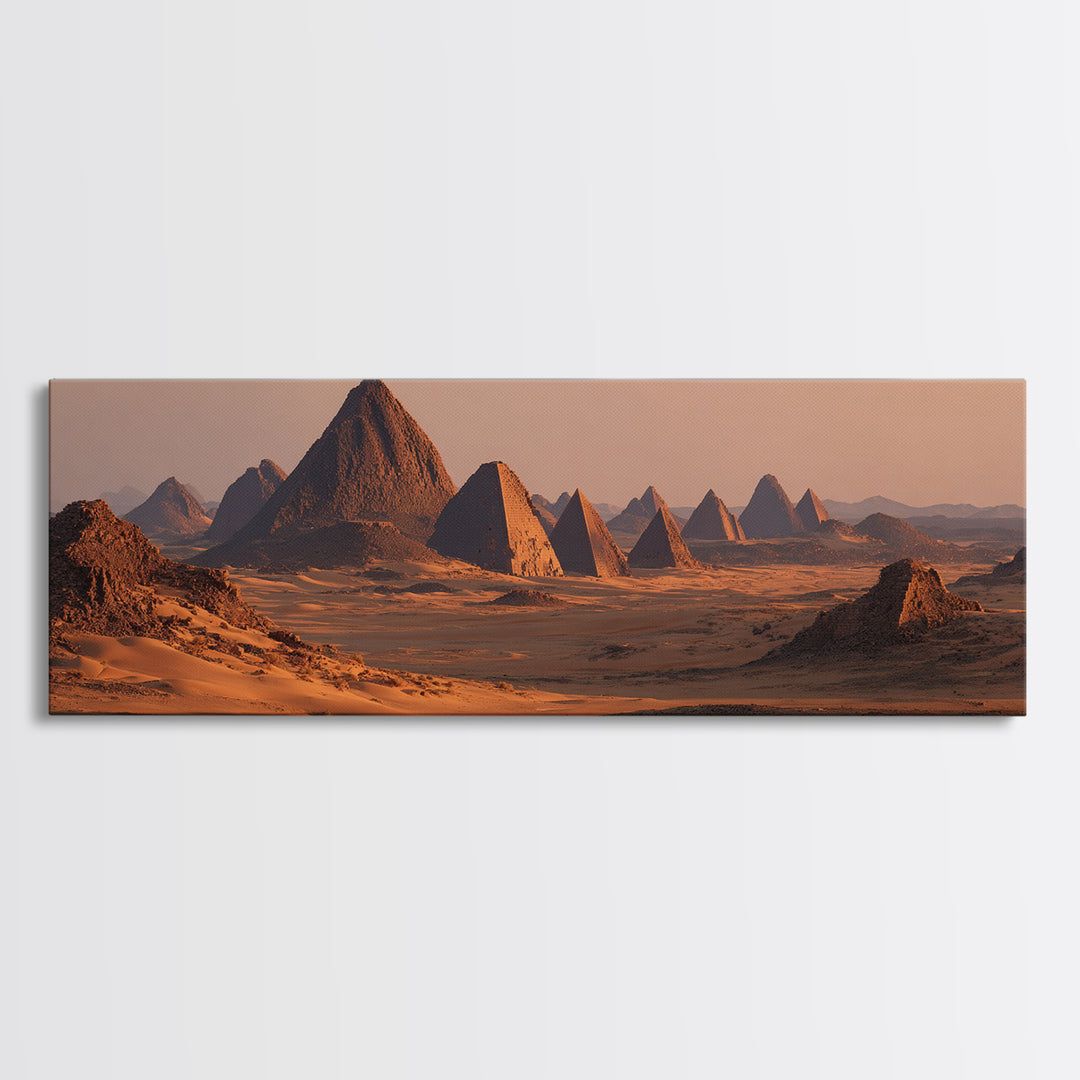 Sunset Desert Pyramids Panorama Wall Art, African Egyptian Art Print, Ancient African Landscape, Earth Tone Home Decor Gift