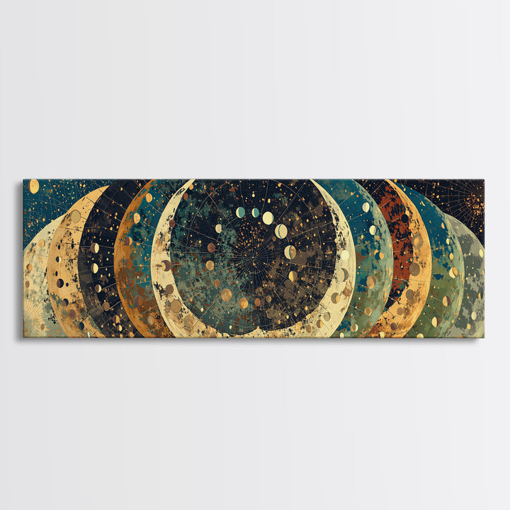 Layered Crescent Moon Abstract Wall Art, Mystical Wall Art, Boho African Inspired Canvas Print, Teal Gold Home Decor Gift