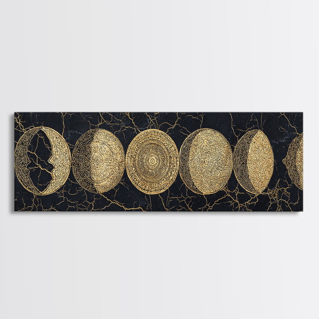 Gold Moon Phase Celestial Wall Art, Black And Gold Art, Spiritual Wall Decor, Mystical Canvas Print, Elegant Home Decor Gift