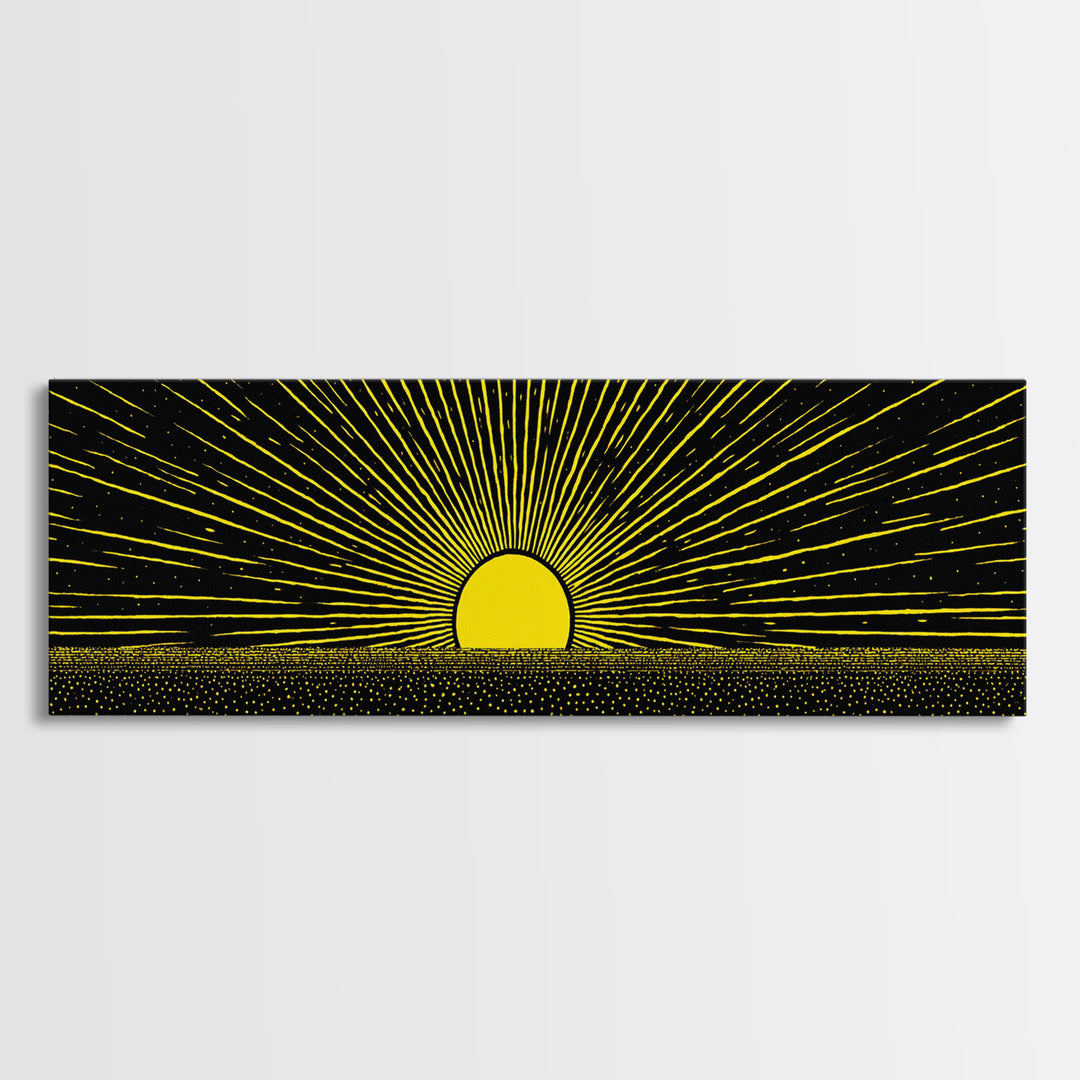 Minimal Golden Sunrise Rays Wall Art, Black And Gold Abstract Landscape, Modern Canvas Decor For Office Or Living Room Gift