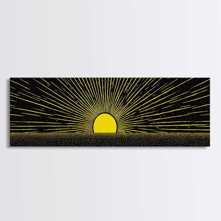 Minimal Golden Sunrise Rays Wall Art, Black And Gold Abstract Landscape, Modern Canvas Decor For Office Or Living Room Gift