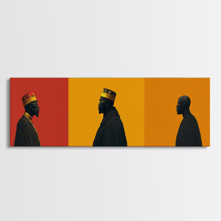 Three African Kings Profile Framed Canvas Print, Royal Black Men Portrait, Afrocentric Wall Decor, Bold Orange Art For Home