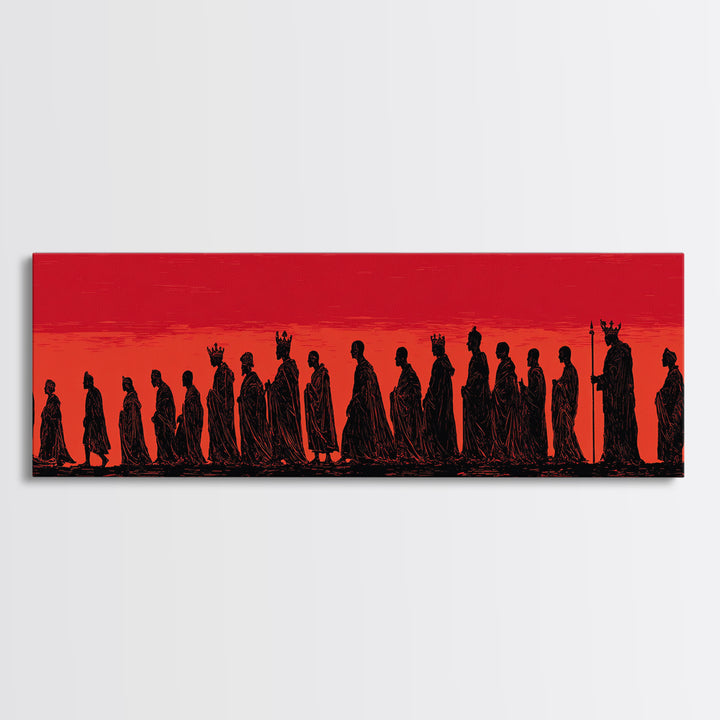 Red Sunset African Procession Wall Art, Tribal Silhouette Landscape, Panoramic Black Culture Home Decor For Living Room Gift