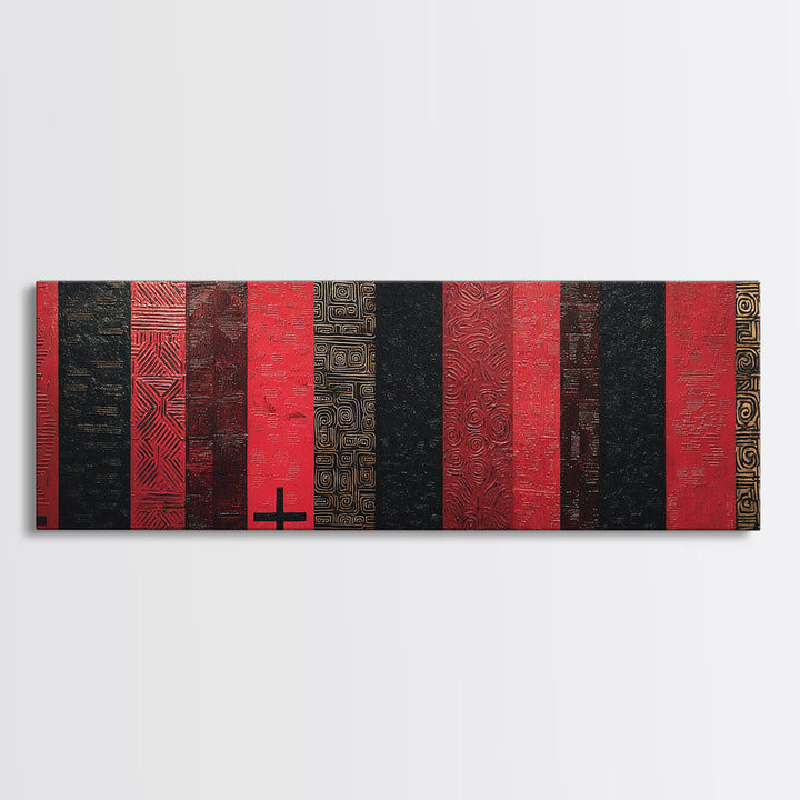 Red Black Gold African Fabric Wall Art, Tribal Textile Pattern Canvas Print, Cultural Geometric Decor For Modern Home Gift