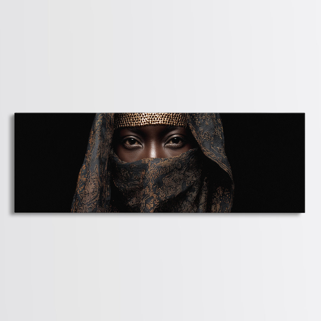 Veiled African Queen Canvas Print, Black Woman Portrait, Gold Jewelry Canvas, Afrocentric Wall Decor, Elegant Home Art Gift