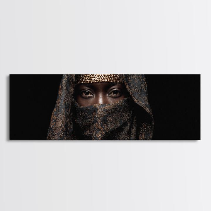 Veiled African Queen Canvas Print, Black Woman Portrait, Gold Jewelry Canvas, Afrocentric Wall Decor, Elegant Home Art Gift