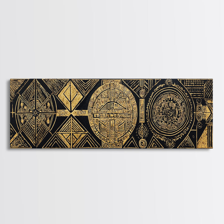 Black Gold Tribal Geometry Wall Art, African Patterns Painting, Kuba Inspired Textile Art, Luxury Canvas Decor For Home Gift
