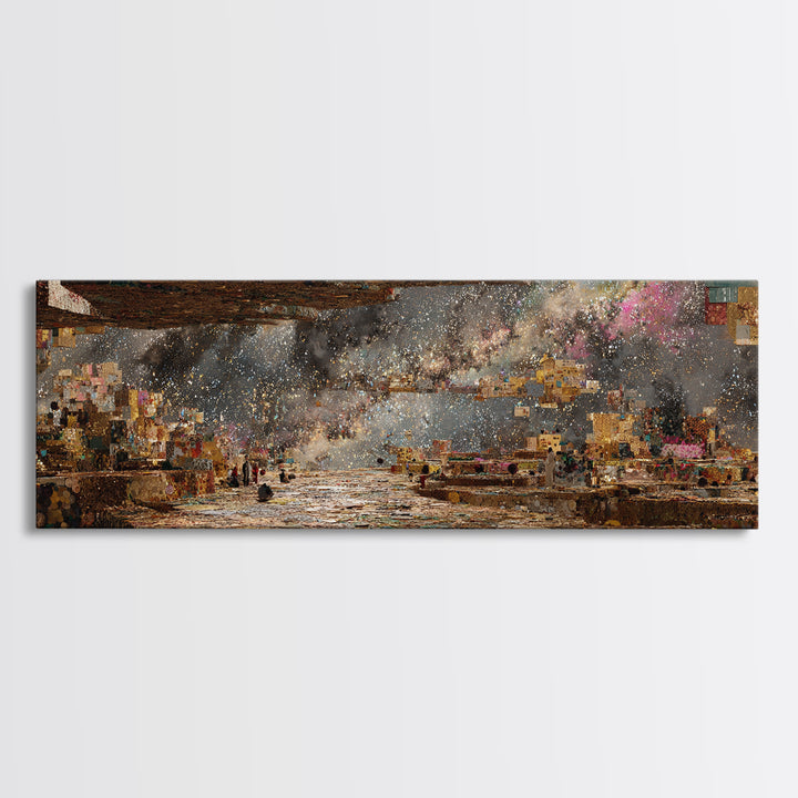 Starlit African Harbor Wall Art, Dreamy Landscape Painting, Abstract City Lights, Textured Art Print For Living Room Decor