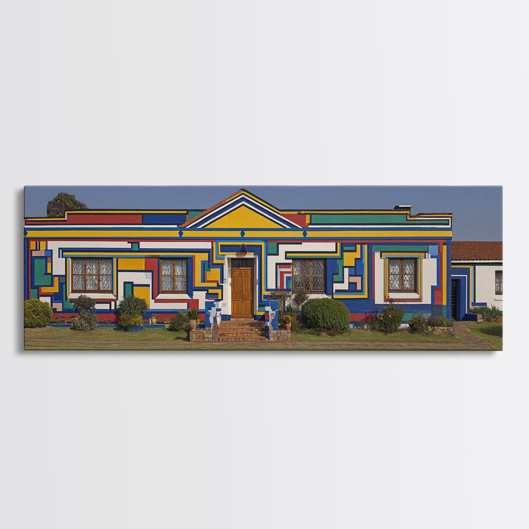 Bright Ndebele House Canvas Print, South African Art Decor, Geometric Pattern Facade, Cultural Wall Decor For Living Room