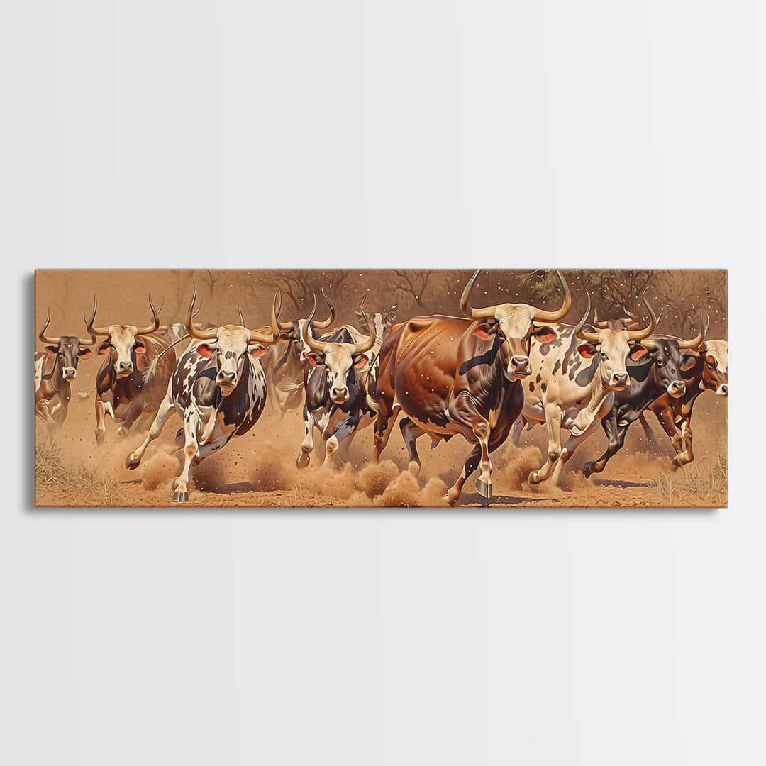 Charging African Cattle Herd Canvas Print, Safari Animal Wall Art, Rustic Ranch Decor, Brown Earth Tone Living Room Art Gift