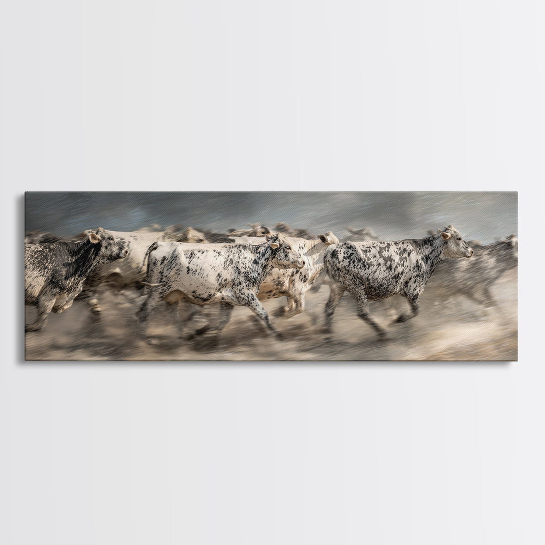 Running Speckled Cattle Wall Art, African Safari Art Print, Neutral Farmhouse Decor, Dramatic Animal Canvas For Home Decor