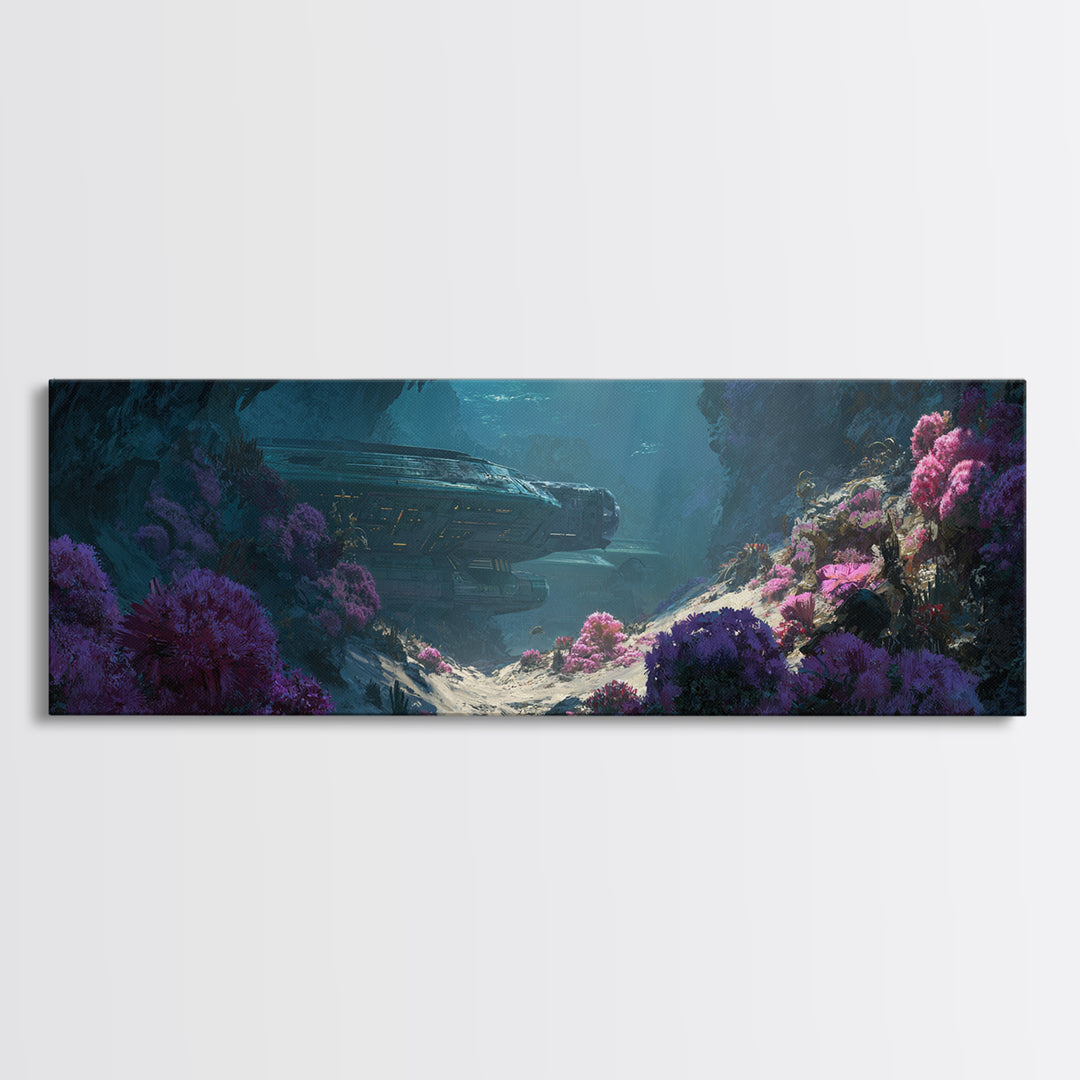 Sunlit Alien Cave Landscape Wall Art, Dreamy Floral Digital Art, Sci Fi Nature Scene, Unique Canvas Print For Modern Decor