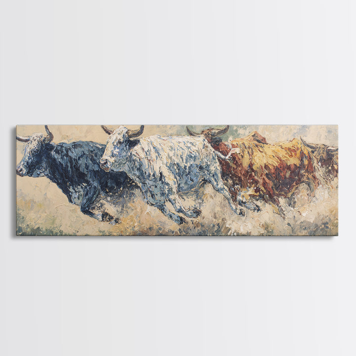 Three Running Bulls Framed Canvas Print, Textured Animal Painting, Rustic Safari Wall Art, Earth Tone Decor For Living Room