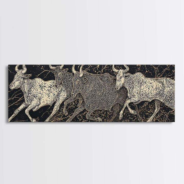 Black And Gold Longhorn Cattle Wall Art, Tribal Animal Print, Rustic Western Decor, Bold Textured Canvas Print For Home Decor