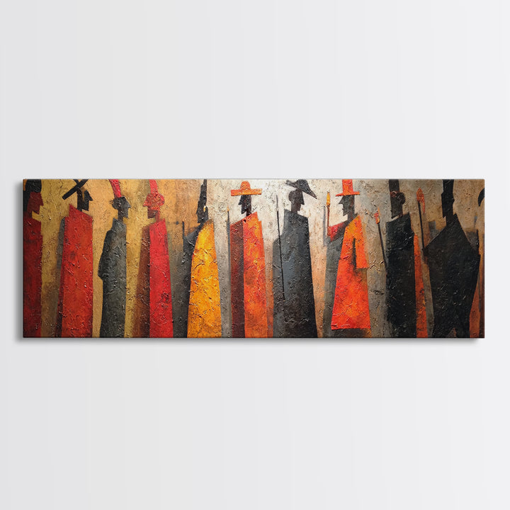 Tall Tribal Figures Framed Canvas Print, African Warrior Art, Afrocentric Wall Art, Cultural Home Decor, Bold Tribal Art Decor