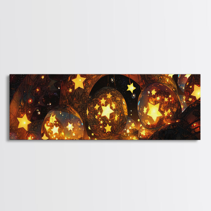 Glowing Star Orbs Canvas Print, Dreamy Wall Art, Black And Gold Art, Celestial Decor, Magical Bedroom Wall Decor, Unique Home Decor