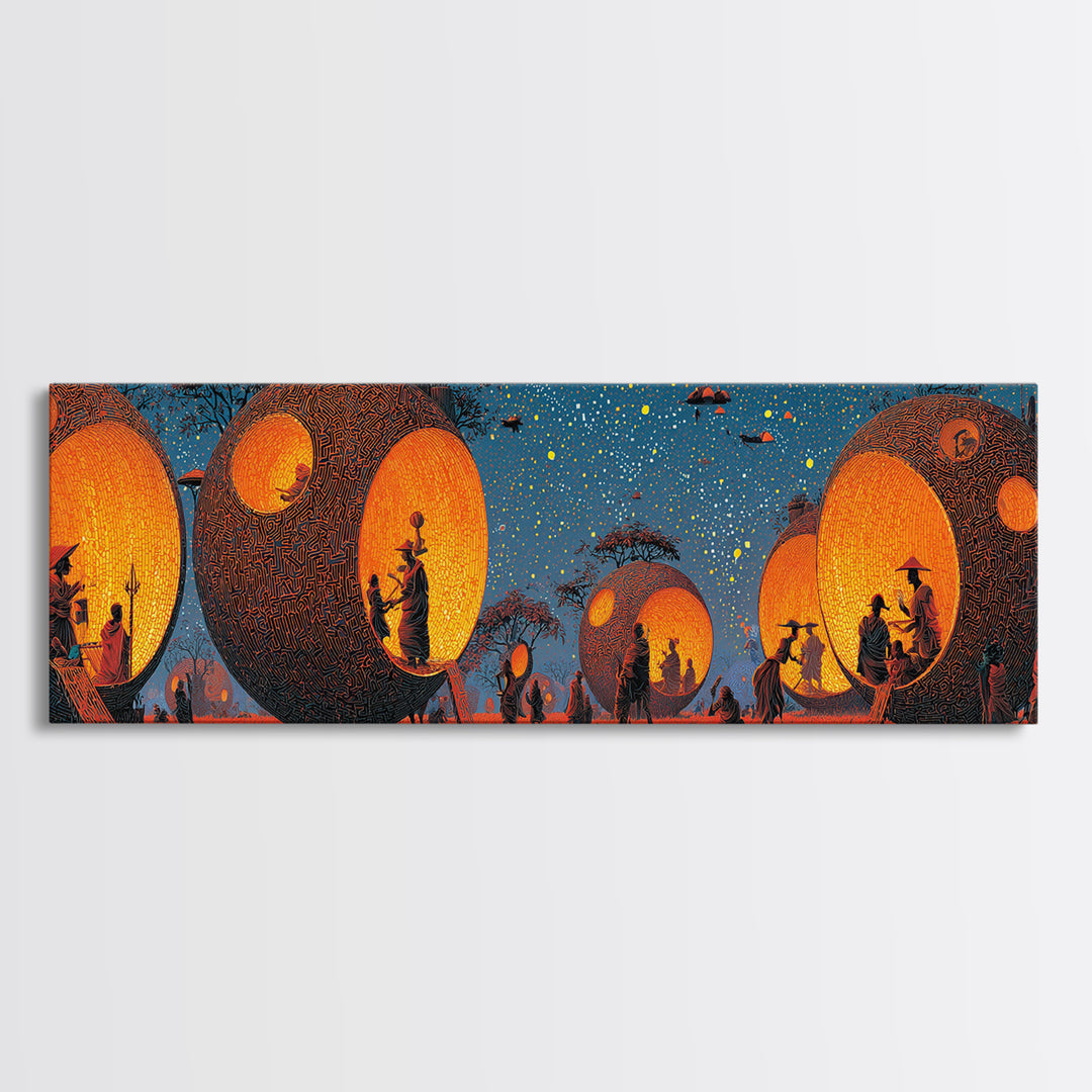 Glowing Spherical Village Canvas Print, African Inspired Wall Art, Orange Decor, Afrocentric Art, Culture Wall Art, Unique Canvas