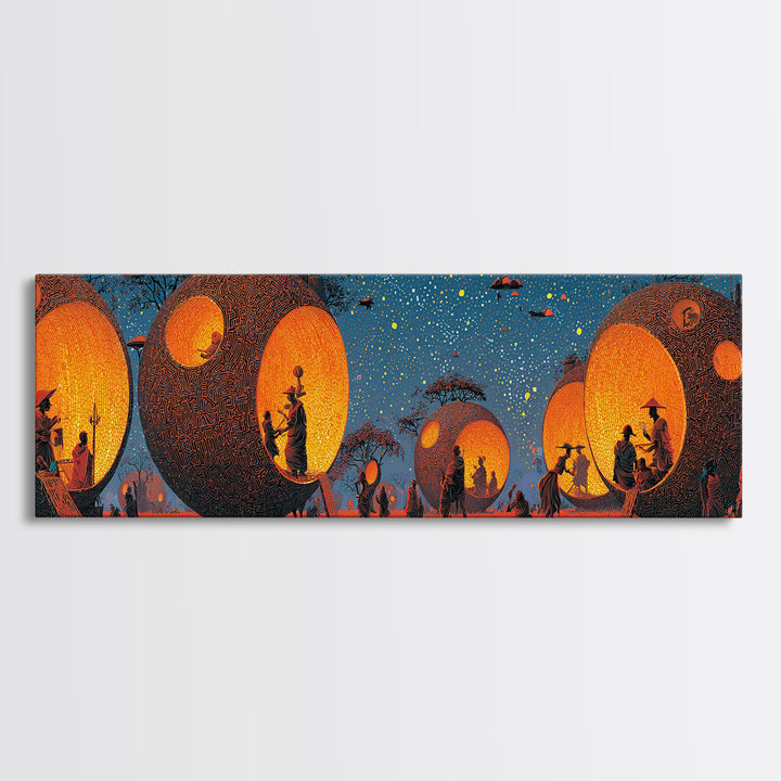 Glowing Spherical Village Canvas Print, African Inspired Wall Art, Orange Decor, Afrocentric Art, Culture Wall Art, Unique Canvas