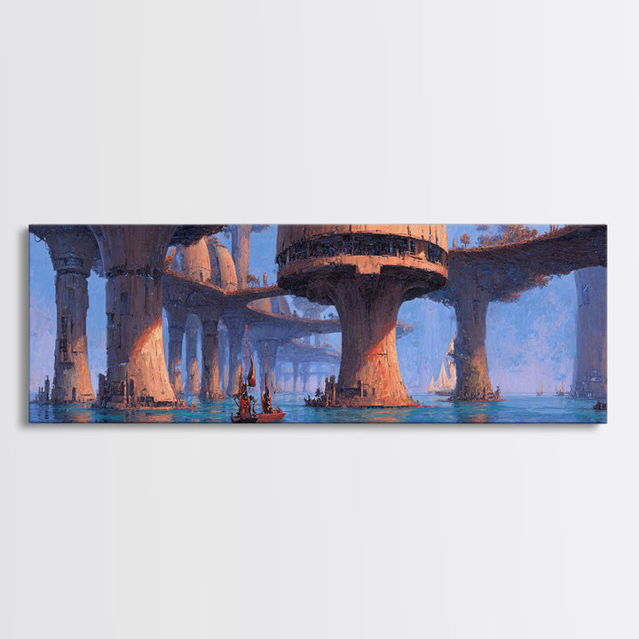 Futuristic Harbor City Canvas Print, Blue Wall Art, Modern Canvas Art, Large Wall Art, Fantasy Landscape Decor, Office Decor