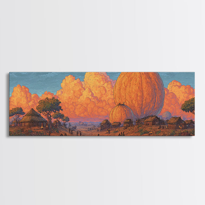 Orange African Savanna Baobab Village Wall Art, Afrocentric Landscape Canvas, Safari Decor, Earth Tone Living Room Print