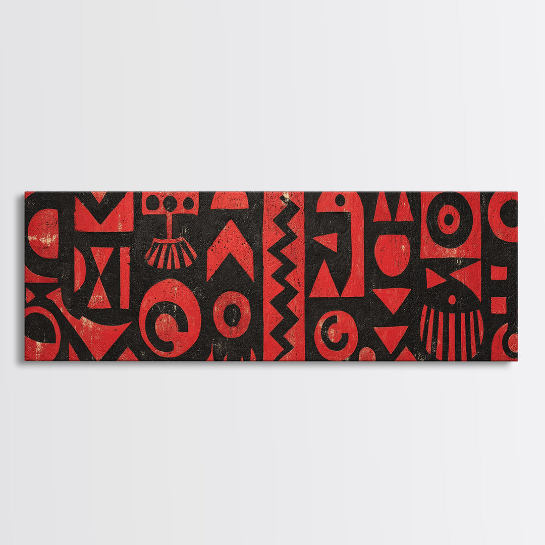 Red And Black African Tribal Glyphs Wall Art, Bold Geometric Canvas Decor, Afrocentric Symbols, Modern Ethnic Art Print Decor