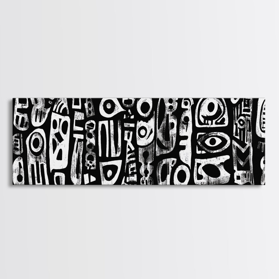 White Abstract African Mask Symbols Canvas Print, Black Tribal Pattern Wall Decor, Afrocentric Modern Art, Ethnic Art Print