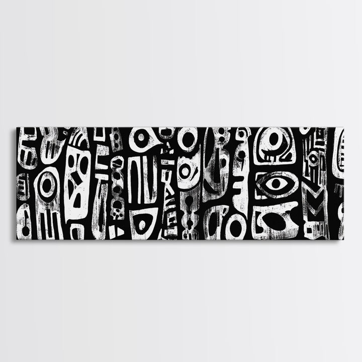 White Abstract African Mask Symbols Canvas Print, Black Tribal Pattern Wall Decor, Afrocentric Modern Art, Ethnic Art Print