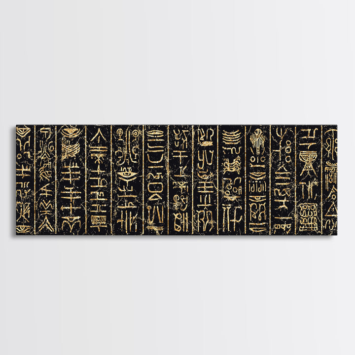 Gold Ancient African Hieroglyph Panels Wall Art, Egyptian Tribal Canvas Decor, Black And Gold Cultural Art Print, Home Decor