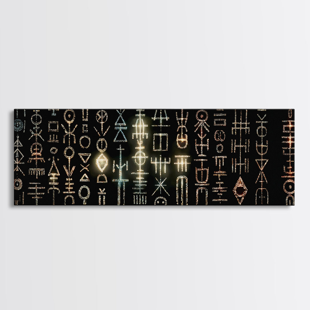 Illuminated African Tribal Icons Wall Art, Gold And Teal Symbol Pattern, Afrocentric Decor, Modern Cultural Art Print Gift
