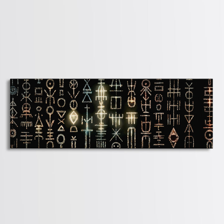 Illuminated African Tribal Icons Wall Art, Gold And Teal Symbol Pattern, Afrocentric Decor, Modern Cultural Art Print Gift