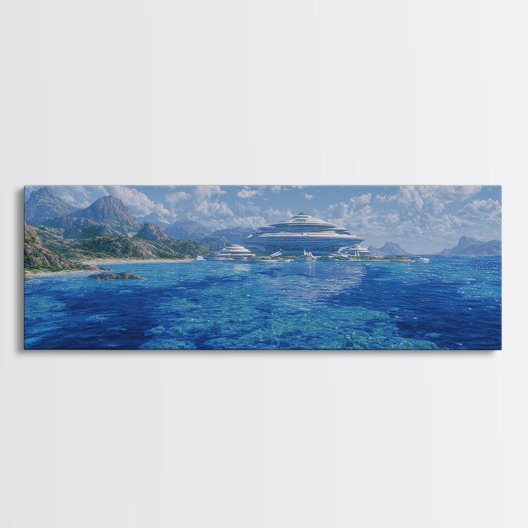 Blue Mediterranean Coast Futuristic Yacht Wall Art, Ocean Landscape Canvas Decor, Luxury Travel Poster, Modern Home Art Print