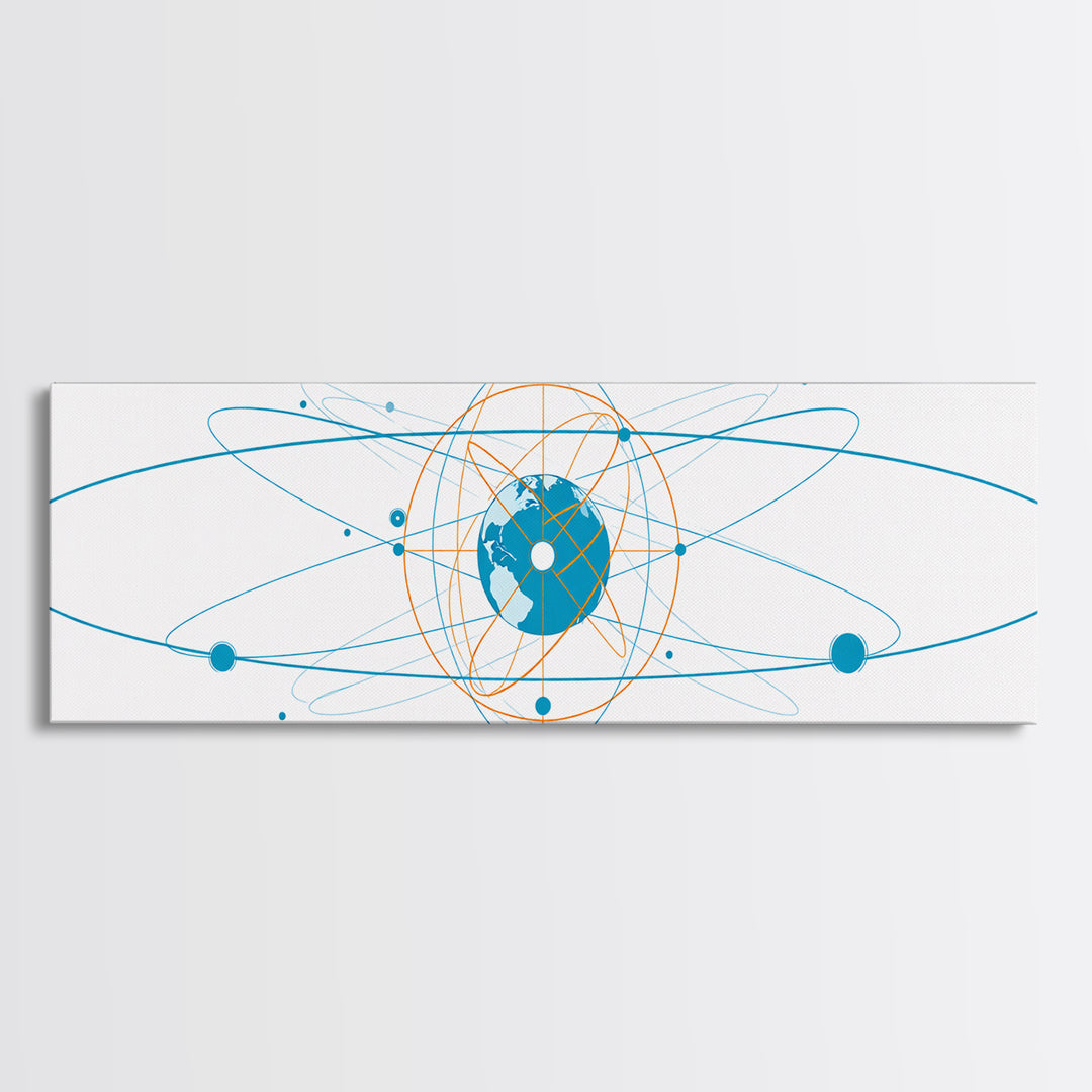 Blue Orange Atomic Globe Orbit Canvas Print, Modern Science Wall Art, Geometric Digital Art, Futuristic Office Decor Print