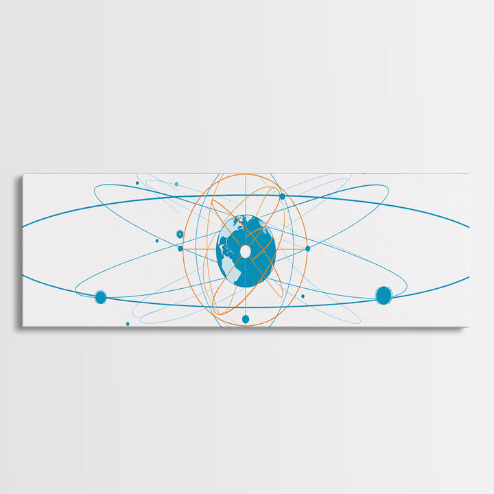Blue Orange Atomic Globe Orbit Canvas Print, Modern Science Wall Art, Geometric Digital Art, Futuristic Office Decor Print
