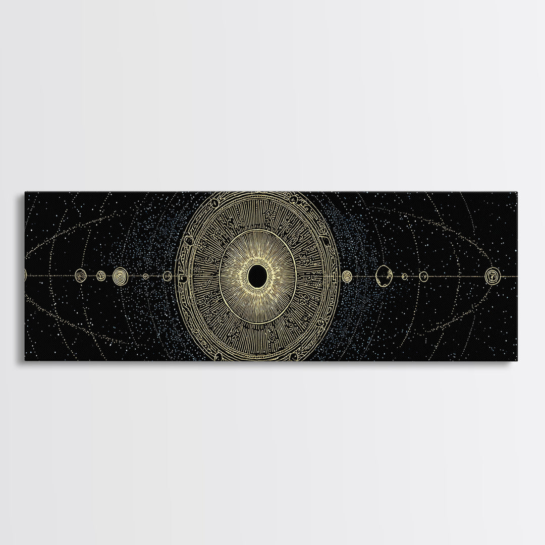 Golden Sacred Geometry Solar System Canvas Print, Celestial Mandala Wall Decor, Luxury Astronomy Poster, Boho Home Decor