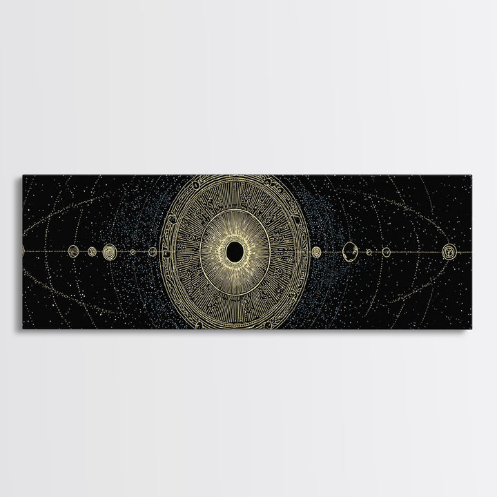 Golden Sacred Geometry Solar System Canvas Print, Celestial Mandala Wall Decor, Luxury Astronomy Poster, Boho Home Decor