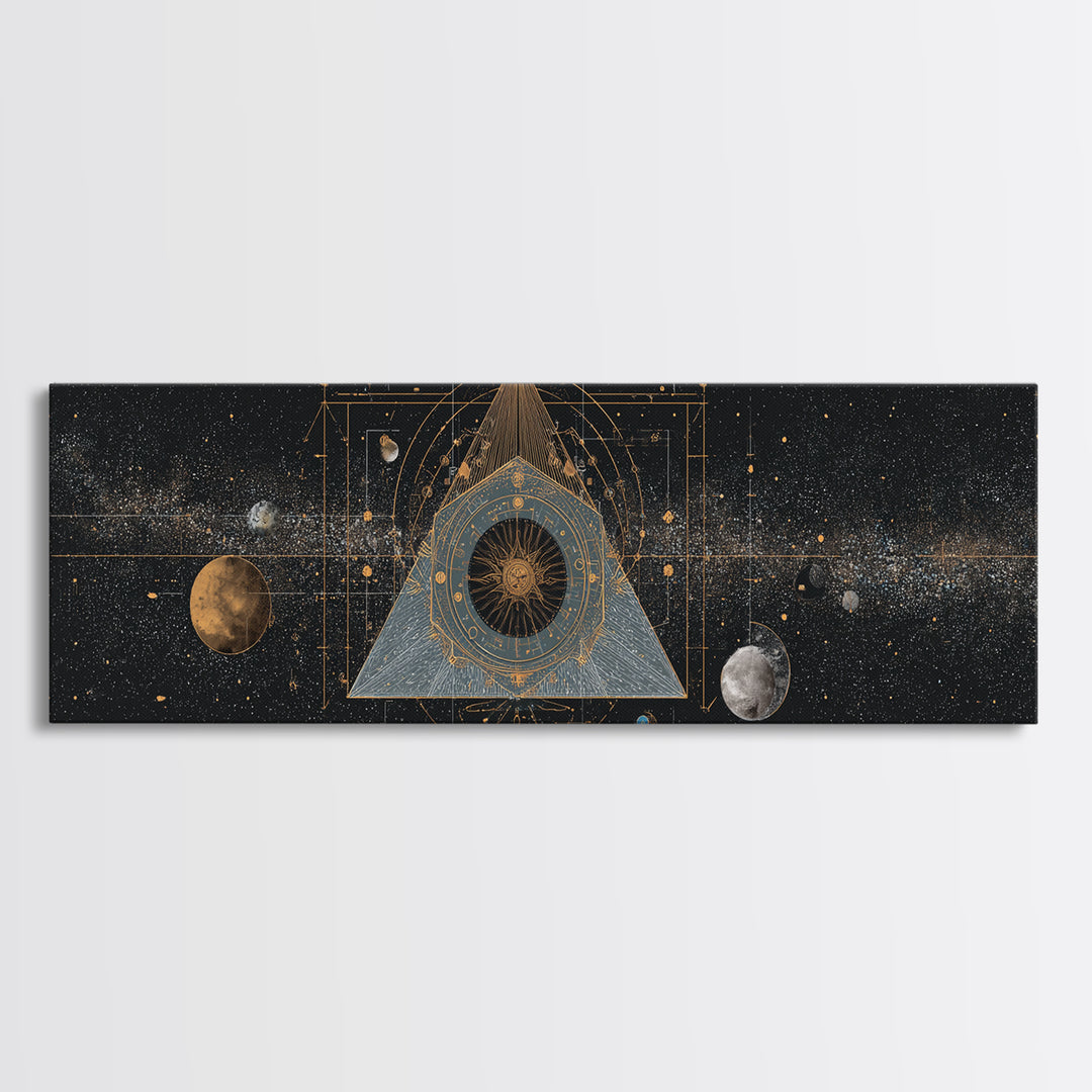 Mystic Planetary Triangle Framed Canvas Print, Gold Celestial Space Wall Art, Sacred Geometry Poster, Modern Home Decor Gift