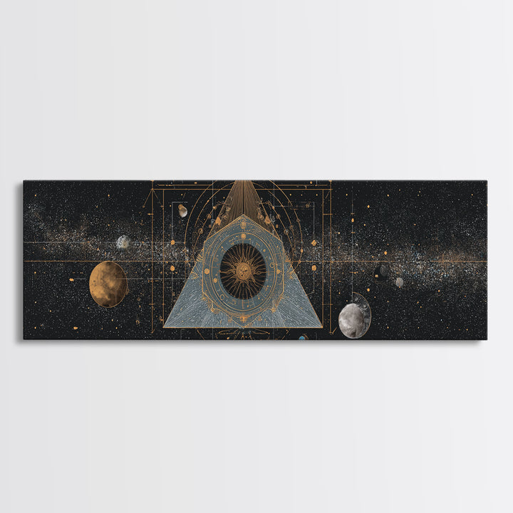 Mystic Planetary Triangle Framed Canvas Print, Gold Celestial Space Wall Art, Sacred Geometry Poster, Modern Home Decor Gift