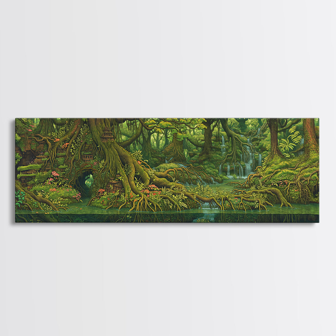 Ancient Jungle River Roots Wall Art, Lush Green Forest Canvas Print, Nature Scene Decor, Fantasy Landscape Home Decor Gift